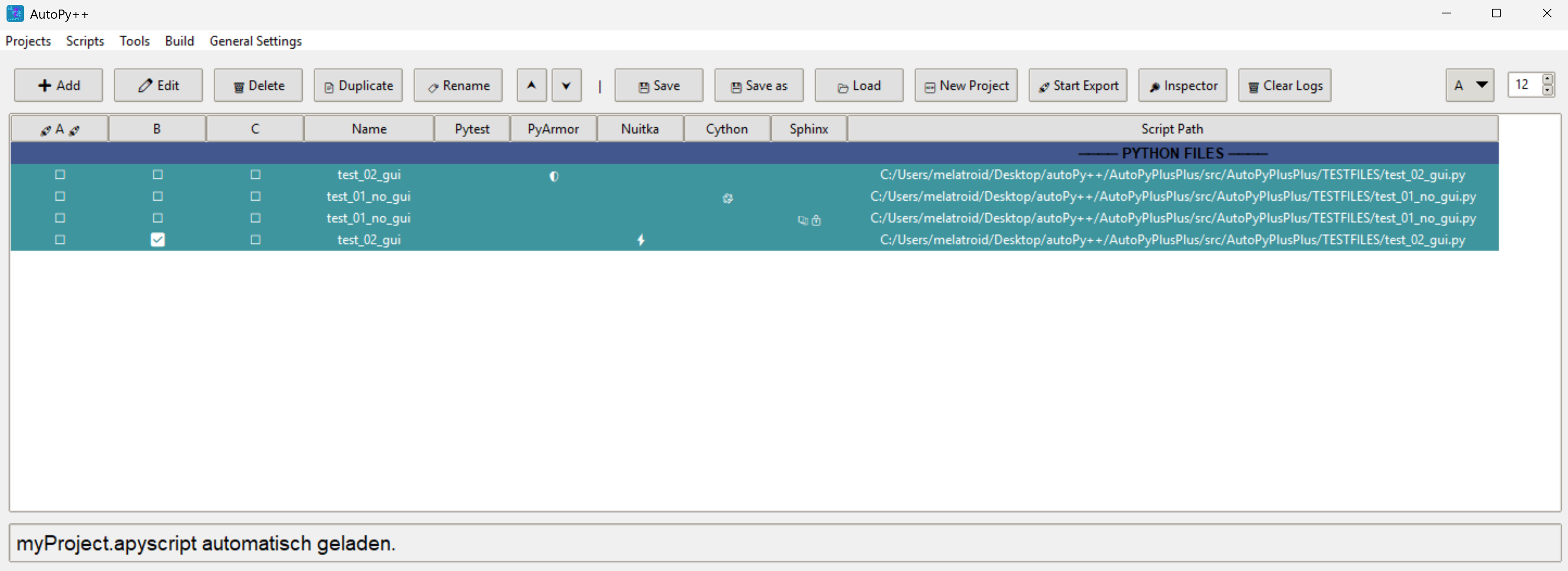 autoPy++ main window with project list and build controls