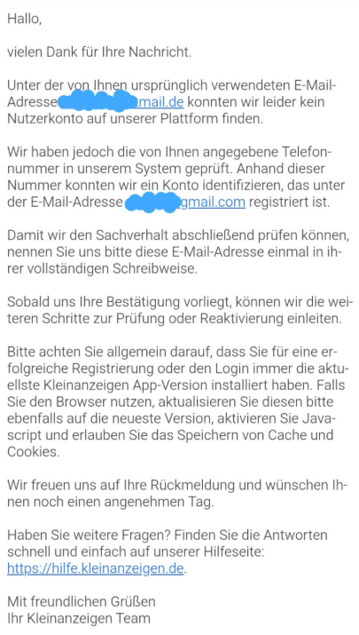 Beispiel: Gefälschte Kleinanzeigen-Mail
